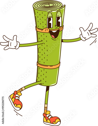 Cartoon groovy camping mat funky character with funny face, vector travel object. Groovy camping mattress roll character smiles or laughs in positive good mood and walking in hipster shoes