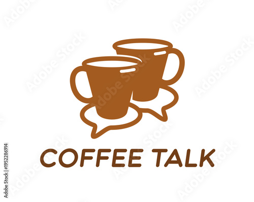 Coffee talk icon featuring two brown coffee mugs combined with chat communication speech bubble in warm brown. Vector symbol for cafe branding, podcast symbol, social media community page