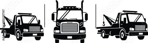 Tow Truck And Semi Truck Silhouette Vector Illustration Featuring Recovery Vehicle And Freight Transport Isolated On White Background For Logistics Automotive And Roadside Assistance
