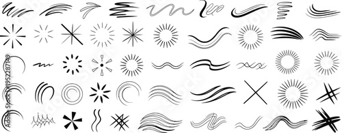 Hand drawn motion lines vector set with comic speed lines, swoosh curves, swirl strokes, burst effects, and dynamic action elements, expressive ink sketch collection for manga and anime design