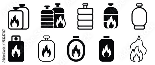 Propane Gas Tank black and white illustration of various tank shapes and flame symbol, vector design