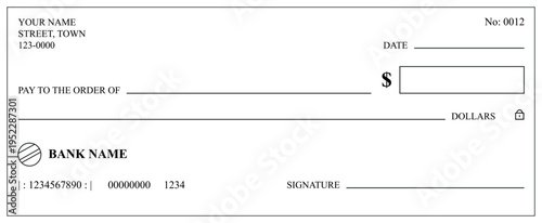 Blank bank check template isolated on white background. Minimal black and white cheque design for financial documents, accounting and banking mockups.

