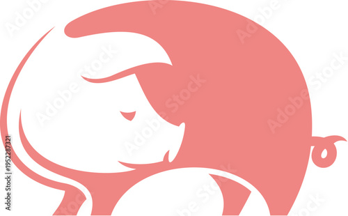 Pig icon, farm pork meat. Rustic vector emblem featuring pig with perky ears and curly tail. Pink farm symbol for butcher shops, organic pork producers, premium meat packaging or bbq product line