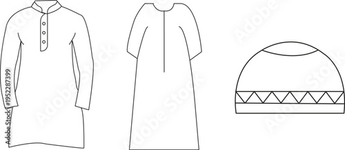 A minimalist line drawing of traditional clothing and a hat