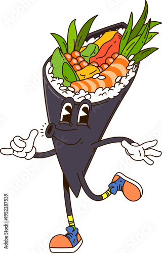 Groovy sushi character or temaki roll of cartoon Japanese cuisine emoji, vector comic food. Groovy temaki sushi character with funny face and happy whistling in good vibes and Y2K hipster shoes