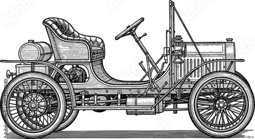 Vintage Antique Horseless Carriage Automobile Engraving Illustration Featuring Classic Steering Wheel Retro Design Elements Isolated on White Background for Historical Transport Projects 