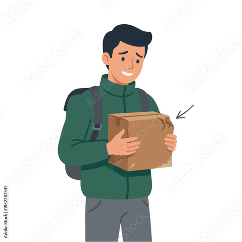 vector courier carrying a package with a dented cardboard box