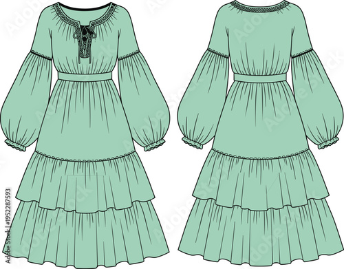 Women Boho Tiered Maxi Dress Vector Illustration Featuring Long Balloon Sleeves And Front Tie Detail Isolated On White Background For Fashion Apparel Design