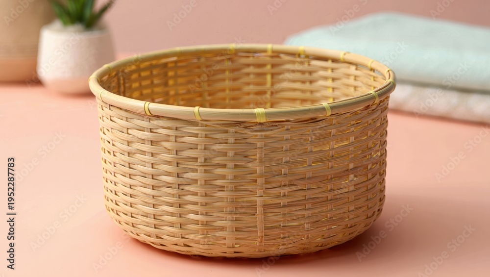 Obraz premium Woven rattan basket on pastel tabletop with folded towels and potted plant