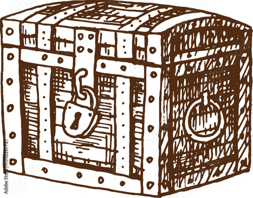 Antique wooden pirate treasure chest heavily secured with large lock. Ancient vector treasure box for geographical maps, board games, book covers, historical illustrations or nautical decor