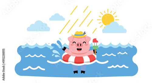 Cheerful pig in a red and white swimming ring holding a colorful ice cream bar while playing in the ocean waves.