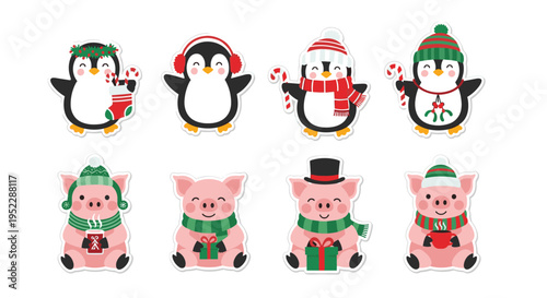 Collection of winter stickers featuring cute penguins and little pigs wearing festive hats scarves and earmuffs.