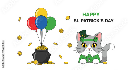 Cute cat dressed for st patricks day sitting next to a pot of gold and colorful balloons on a white background.