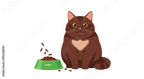 Fat brown cat sitting contentedly next to a green bowl filled with fish shaped food on a plain white background.