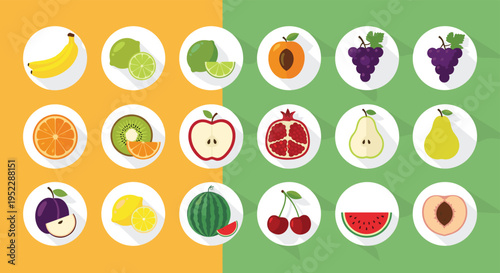 Grid of fruit icons in white circles on a split orange and green background featuring various whole and sliced fruits.