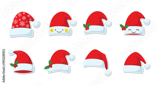 Diverse set of santa claus hats with different patterns and decorations for christmas and holiday celebrations.