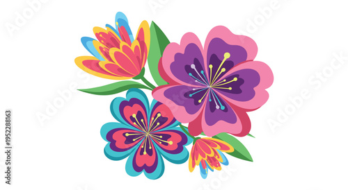 Bouquet of three vibrant stylized flowers with green leaves isolated on white