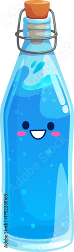 Cartoon water drink character. Cute kawaii blue glass bottle with sparkling water inside. Funny vector personage with happy smiling face, rosy cheeks and yellow cork