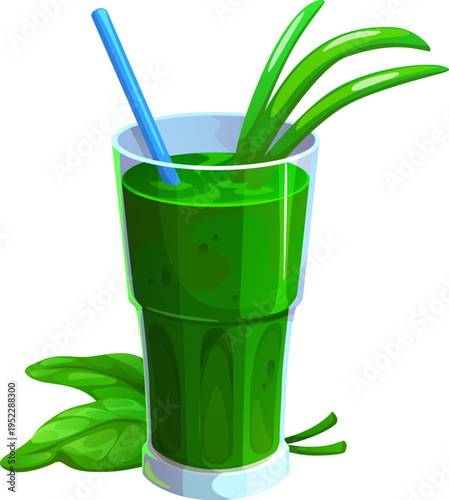 Healthy green smoothie drink topped with long green sprigs and a drinking straw. Fresh vegetable green smoothie in a tall clear glass. Cartoon vector juice with kiwi, avocado, celery and spinach
