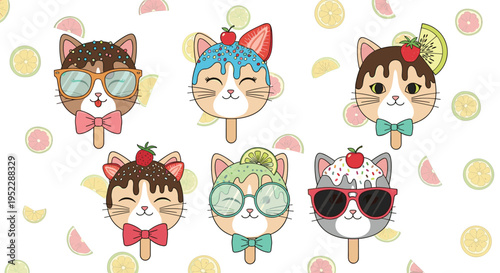 Cute collection of cat head popsicles decorated with different fruit toppings and sprinkles on a citrus background.