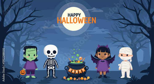 Spooky Halloween party scene with cartoon characters in costumes including Frankenstein, skeleton, bat girl, and mummy in a dark forest.