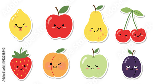 Adorable collection of eight fruit stickers with cute faces and various expressions including apple, pear, cherry, and strawberry.