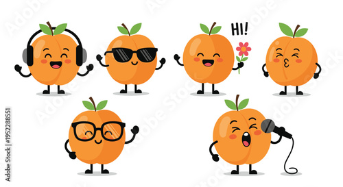 Group of six anthropomorphic apricot characters with different personalities like listening to music, wearing sunglasses, and singing.