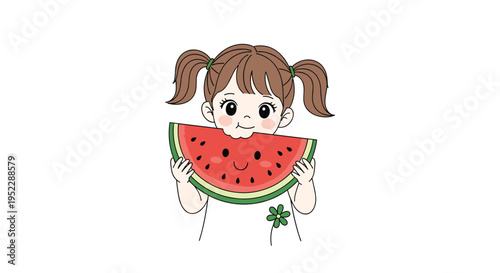 Cute little girl with pigtails holding and biting into a large slice of watermelon with a happy face on the fruit.