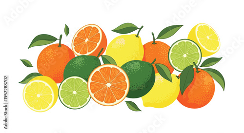 Variety of fresh citrus fruits and avocados including oranges, lemons, limes, and whole and sliced versions with leaves.