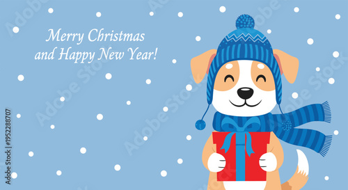 Adorable puppy wearing a blue winter hat and scarf holding a red Christmas gift against a snowy blue background.