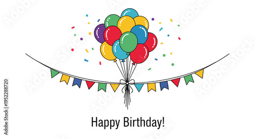 Festive happy birthday illustration featuring a colorful bunch of balloons and a triangular flag bunting with falling confetti.