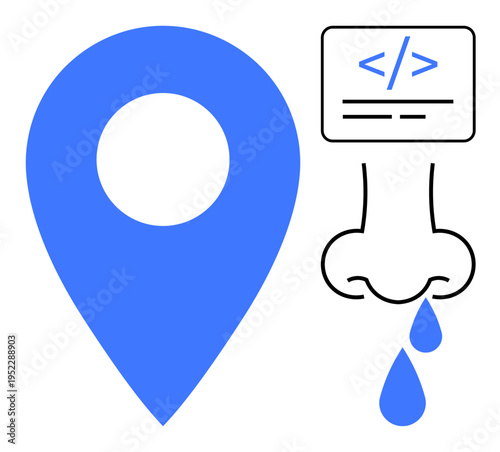 Navigation, health, coding, allergies, geolocation, technology. Blue map pin, runny nose with droplets and a code tag. Navigation and health technology blended for conceptual ideas