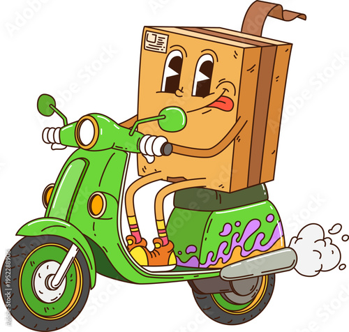 Cartoon groovy delivery box character on scooter with funny face, vector parcel package. Funky groovy parcel box with silly tongue out, riding motor scooter for cargo or mail post delivery character