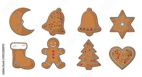 Assortment of eight decorated Christmas gingerbread cookies in various shapes like stars, trees, and bells on a white background.