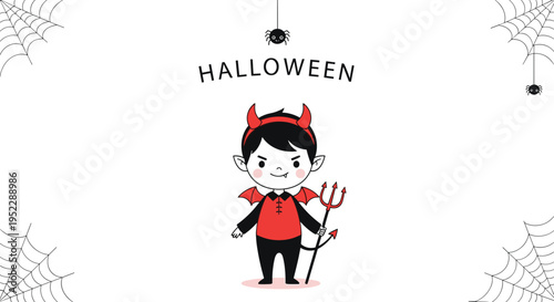 Cute little devil character in a red costume holding a pitchfork against a Halloween background with spider webs.