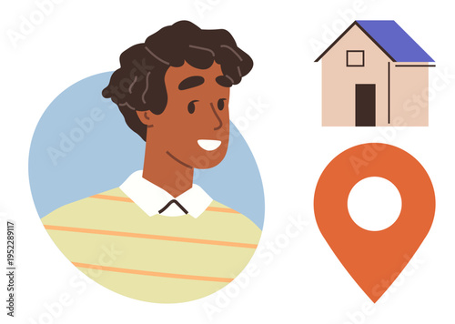 Real estate, navigation apps, community identity, housing market, relocation, neighborhood services. Smiling person, house location icon. Real estate and navigation apps concept
