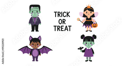 Group of cute children dressed in various Halloween costumes including Frankenstein, a fairy, a bat, and a zombie girl for trick or treating.