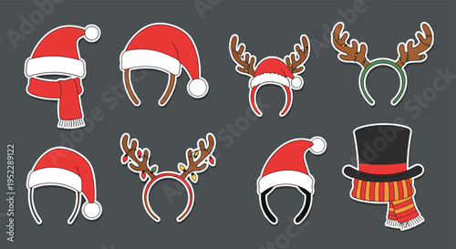 Festive collection of Christmas themed headbands and hats including reindeer antlers and Santa hats with various decorative elements.