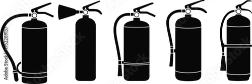 Five black fire extinguishers with different handle positions and one with a nozzle extended cylindrical