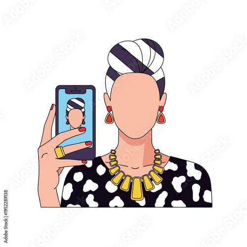 Woman takes a selfie with phone, wearing stylish jewelry and bold fashion.