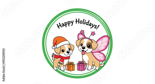 Two cute puppies celebrating the holidays with one wearing a Santa hat and scarf and the other dressed in pink butterfly wings.