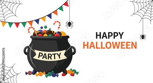 Spooky black cauldron filled with colorful candies and lollipops under a festive bunting with spider webs and hanging spiders for Halloween.