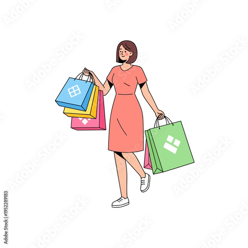 Woman Shopping with Colorful Bags, Female Buyer with Purchases, Happy Consumer Lifestyle