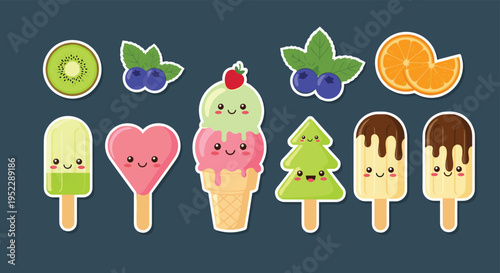 Collection of cute food stickers featuring various ice cream treats, fruit slices like kiwi and orange, and berries with happy faces.