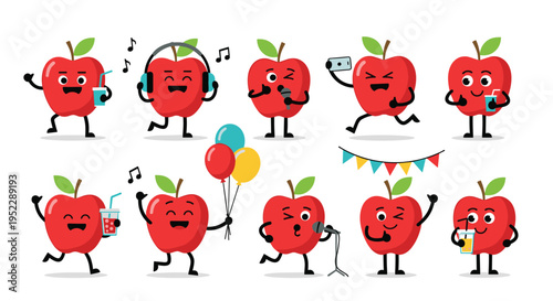 Set of energetic red apple characters in different poses including dancing, listening to music, singing, and celebrating with balloons.