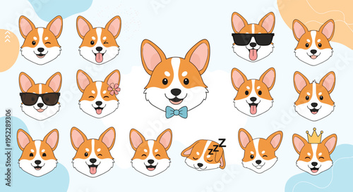 Diverse collection of corgi dog head icons featuring various facial expressions like winking, wearing sunglasses, sleeping, and happy.