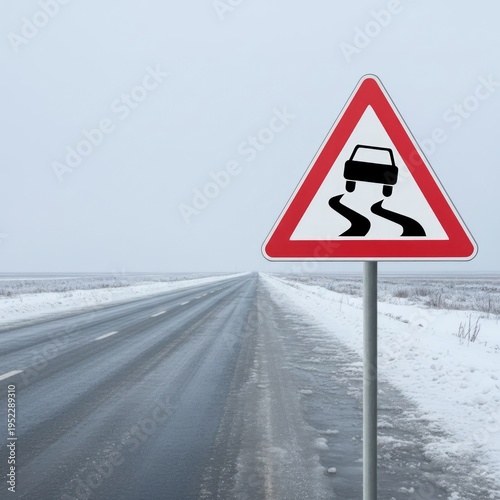 Slippery road warning sign on icy highway