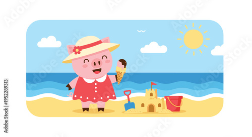 Happy pig character wearing a sun hat and red dress enjoying ice cream on a sunny beach with a sandcastle and ocean view.