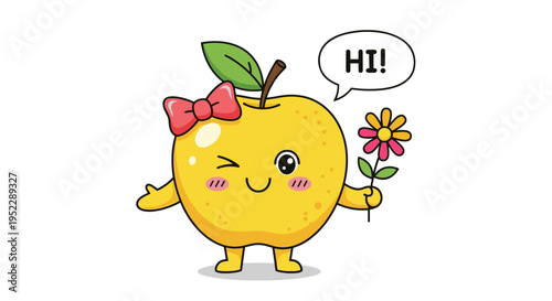 Cheerful yellow apple character with a pink bow and winking face holding a colorful flower and saying hi in a speech bubble.