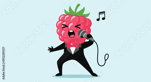 Energetic raspberry character dressed in a black tuxedo and red bowtie singing passionately into a microphone with music notes.